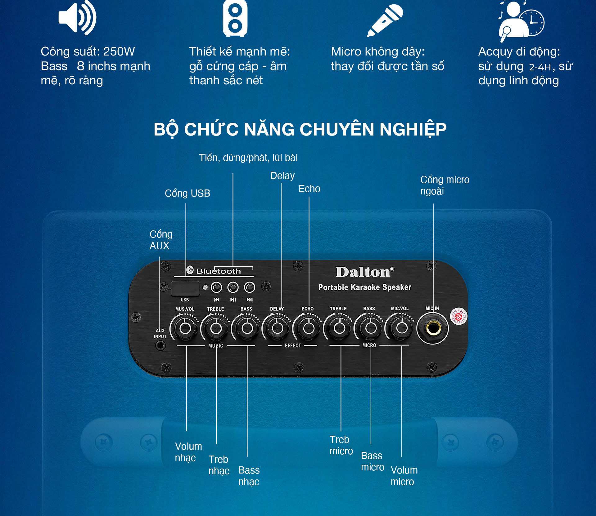 Loa xách tay Karaoke 250W Dalton PS-K9A